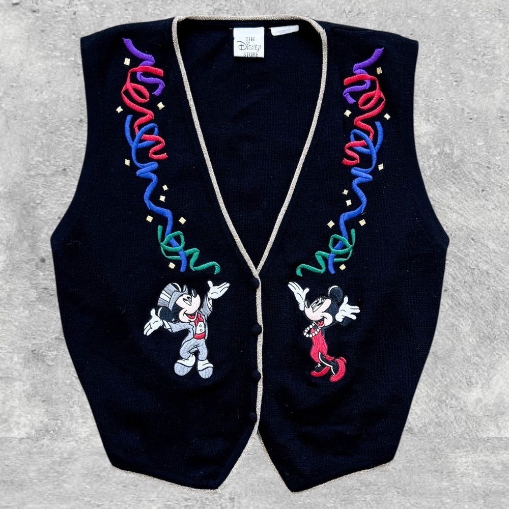 Vtg 90s Disney Store Mickey Minnie New Years Sweater Vest Black Gold Trim